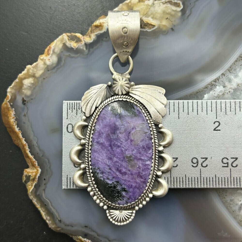 Sterling Silver Southwestern Style Oval Charoite Decorated Pendant For Women - Picture 9 of 10